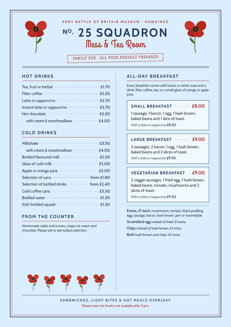 Menu: hot and cold drinks and the all-day breakfasts, with prices