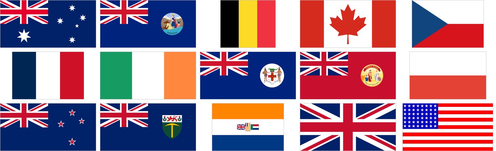 Flags of the Allied nations whose airmen flew in the Battle of Britain: Australia, Barbados, Belgium, Canada, Czechoslovakia, France, Ireland, Jamaica, Newfoundland, Poland, New Zealand, Southern Rhodesia, South Africa, the United Kingdom and the United States