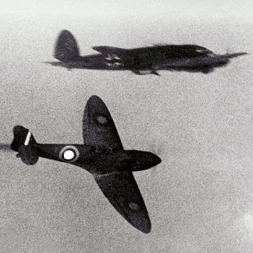 A Spitfire having lost its battle with a Luftwaffe Heinkel He 111.