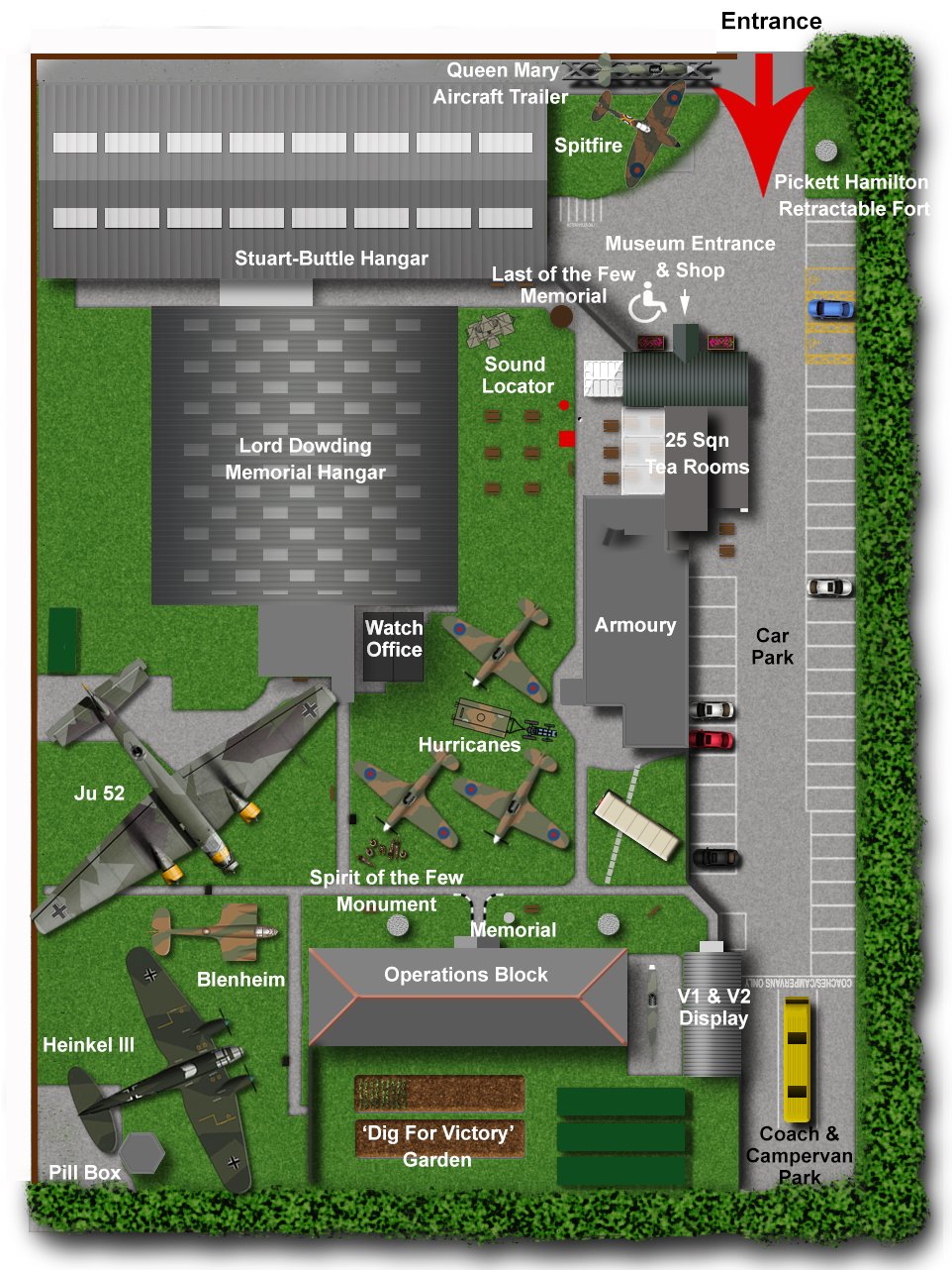 Plan of the Kent Battle of Britain Museum site, showing the hangars, Watch Office, Armoury, Operations Block, V1 & V2 Display, tea rooms, shop and grounds